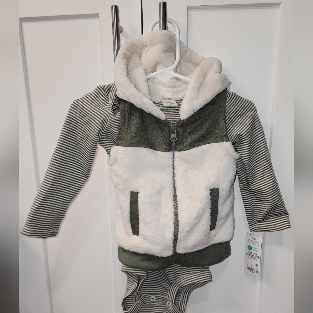 Carter's Green and White Sherpa Jacket with Stripes